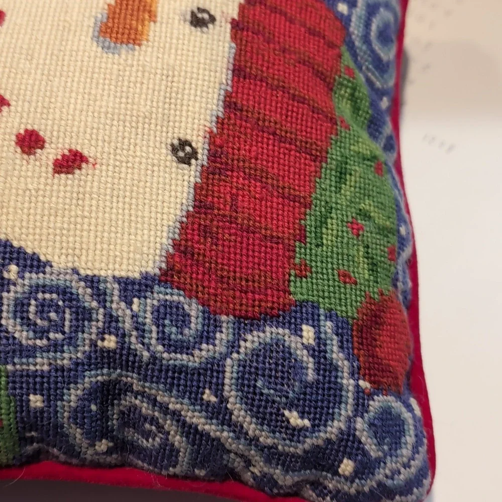 Vintage Needlepoint Snowman Decorative Throw Pillow 8x8 Blue Red Velvet Back